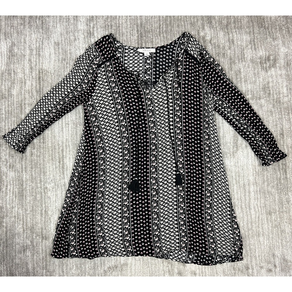 Adam Levine Dress Womens M Black Mixed Print Boho Tassel V-Neck Shift Mini Dress